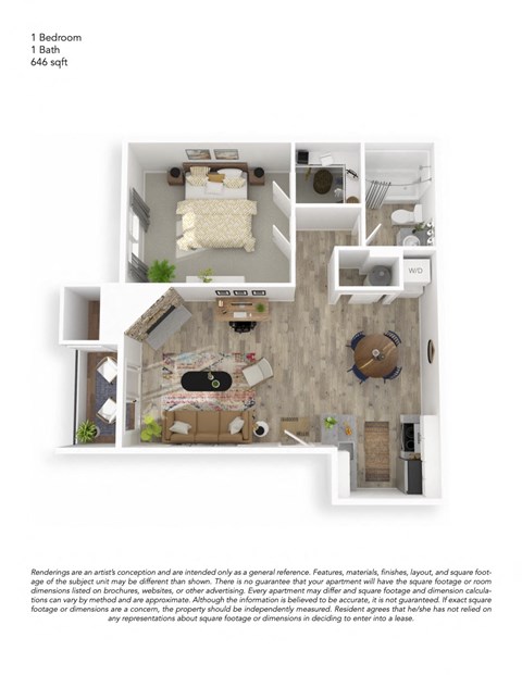 Floor plan for 1 bed, 1 bath, 646 sqft